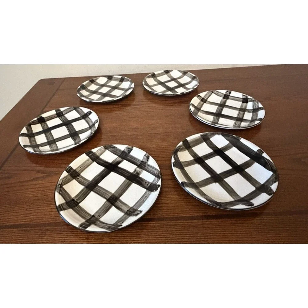 Folk Craft Fashion Focus Plaid Salad Plates Set of 6 Great Colorway, Vintage